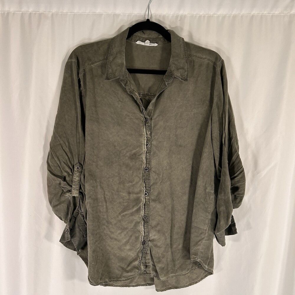 Jane Delancey Blouse Women 1X Green Button Up Long Sleeve 100% Rayon Lightweight